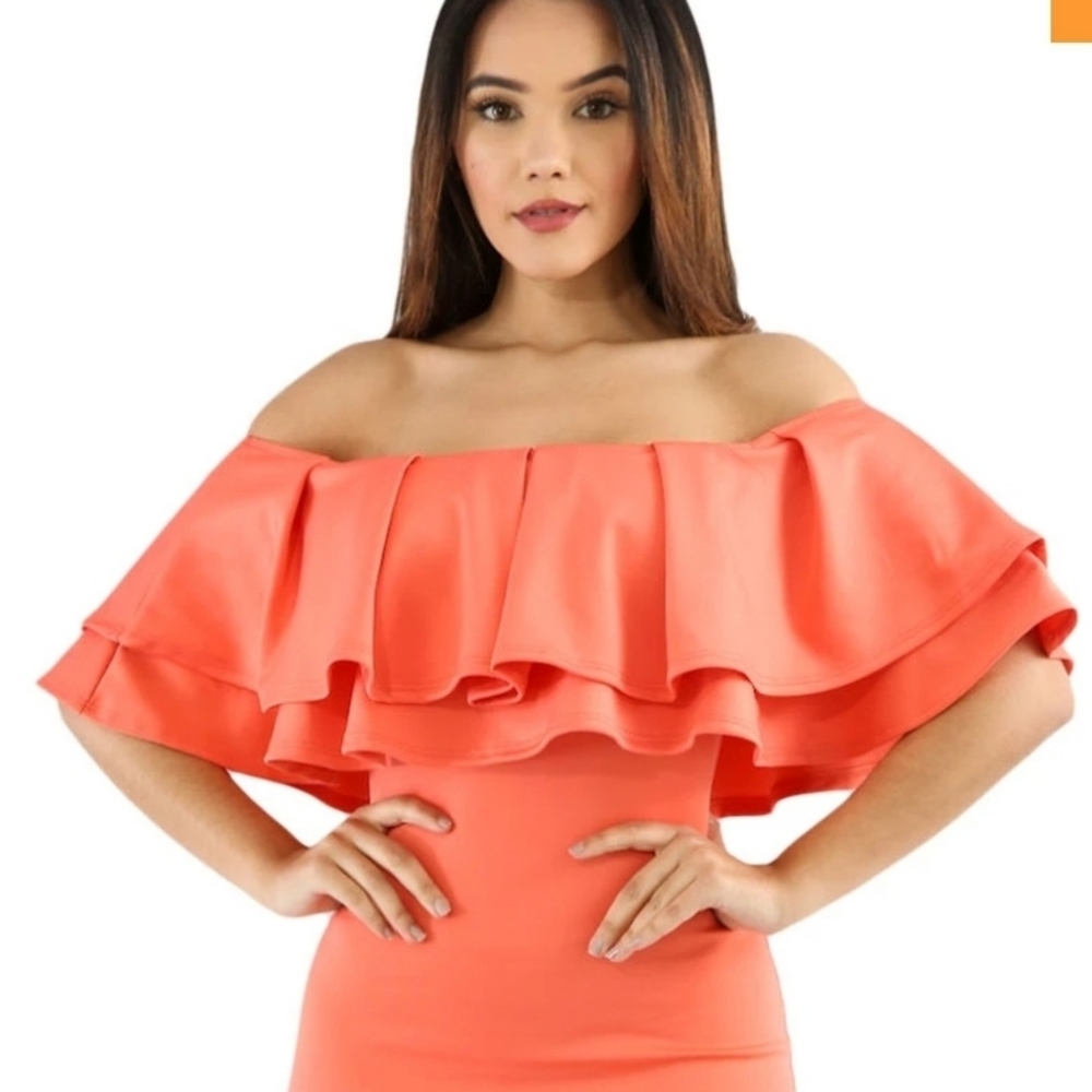 !!SOLD!! Sexy PLUS SIZE Orange Flounce Top Off Shoulder Bodycon Dress XXL - Picture 1 of 10
